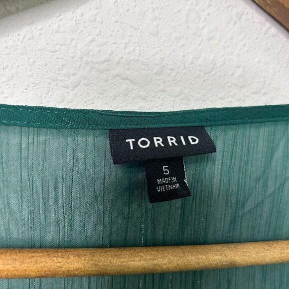 Torrid Green Semi Sheer Fairy Green Bell Sleeve V Neck Tassel Shimmer Top Sz 5X - Picture 8 of 15